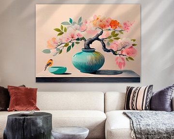 Modern Japandi schilderij: Vaas met bloemen met vogeltje op schaal van Studio Pieternel