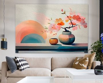 Stilleven schilderij: Vaas met bloemen in Japandi stijl van Studio Pieternel
