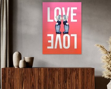 LOVE - Delft blue kissing couple.  People on pink background