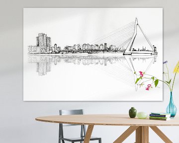 Rotterdam Erasmusbrug Skyline inkt pen tekening van Krista Kitsz Art