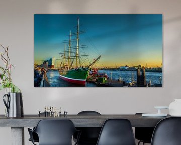 Impressive harbour panorama - classic sailing ship at sunset by Ahma NJAI