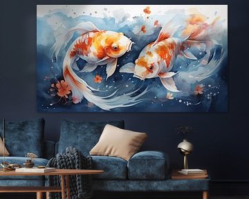 magnifiques poissons Koi dans un étang en design d'art aquarelle
