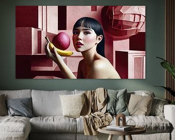 Vrouw met fruit in abstracte studio