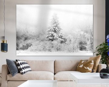 'WINTER', bomen in de mist. Zwart-wit fotografie. van Femke den Hollander