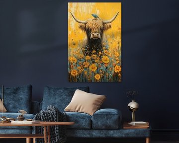 Hooglander en Vogel in Gouden Bloemenveld Vrolijke Harmonie van Eva Lee