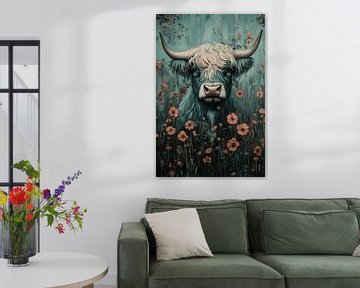 Hooglander in Dromerige Bloemenweide Mystieke Harmonie van Eva Lee