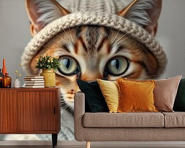 Eine Katze mit Wollmütze, Pullover und Handschuhen. von J.a Dijkstra