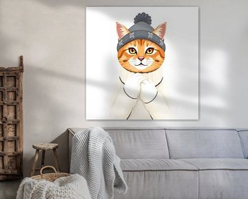 A cat with grey hat on in winter jumper.