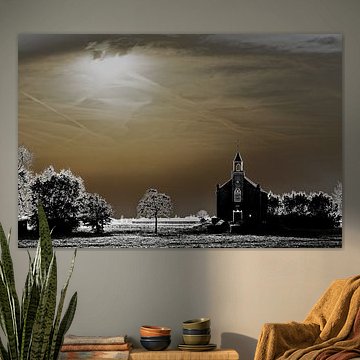 Esquisse de la petite église sous le ciel de cuivre