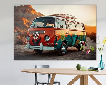 Oranje Flower Power VW bus in de woestijn van Jan Bouma