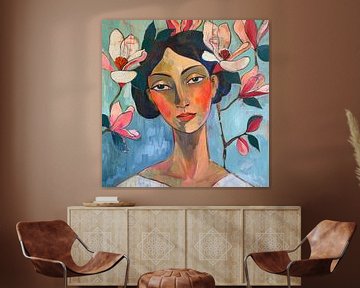 Vrouwenportret met magnolia bloemen van Vlindertuin-Art