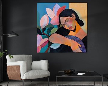 Schilderij van vrouw met magnolias