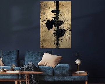 Abstrakte schwarz-beige Malerei mit drei schwarzen Pinselstrichen im alten japanischen Stil von Dream Designs art work