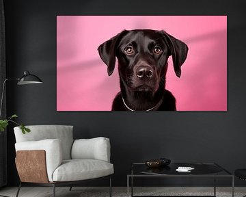 Nahaufnahme eines schwarzen Labrador Retrievers vor einem leuchtend pinken Hintergrund.