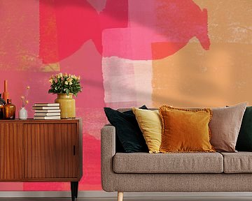 Red shapes on yellow and pink. Modern abstract art. by Dina Dankers