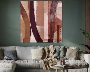 Vormen en lijnen in warm beige, bruin, terracotta. Moderne abstracte kunst. van Dina Dankers