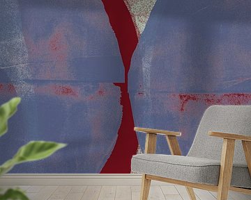 Abstrakte Formen in Blau und Weinrot auf Weiß. Moderne zeitgenössische Kunst.