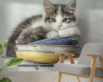 Cute kitten in a pile of bowls by Japandi Art Studio