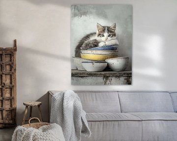 Niedliches Kätzchen in einem Stapel von Schalen von Japandi Art Studio