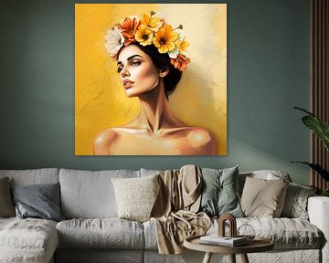 Vrouw met bloemen op haar hoofd met gele achterrgrond van Jan Bouma