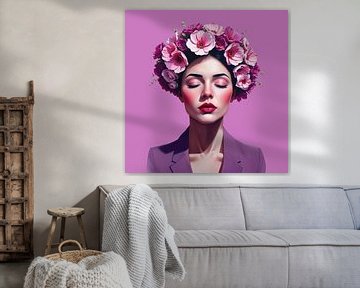 Vrouw met bloemen op haar hoofd - paars van Jan Bouma