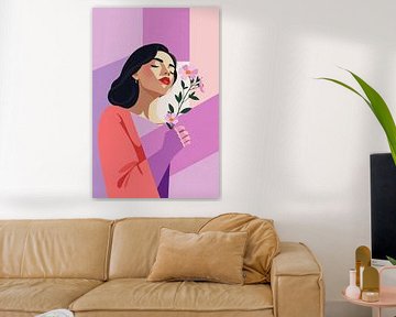 Vrouw met bloemen - roze en paars van Jan Bouma