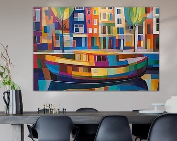 Woonboot en grachtenpanden in Amsterdam van Koffie Zwart