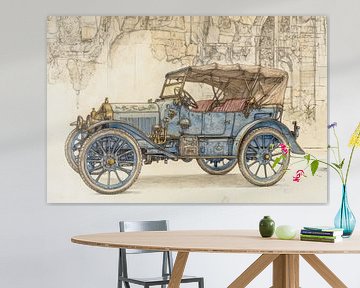 Gedetailleerde tekening van een klassieke auto, een oldtimer, cabrio -  van Peter Pen tekeningen en schilderijen
