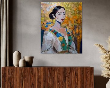 Modern portrait of a classic woman on gold textured background by Studio Pieternel