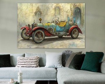 Drawing of a red, vintage car, convertible- 