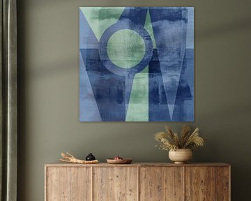 Modernisme vormen. Abstracte geometrische kunst in vintage stijl. Blauw en groen. van Dina Dankers