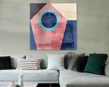 Modernisme vormen. Abstracte geometrische kunst in vintage stijl. Blauw, roze, zand. van Dina Dankers