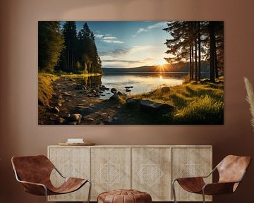 Sonnenuntergang über dem Fluss in der Waldlandschaft