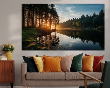 Sonnenuntergang über dem Fluss in der Waldlandschaft