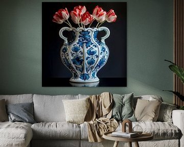 Red tulips in delft blue vase against black background
