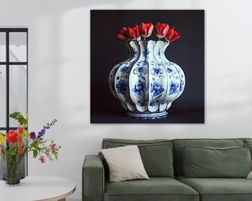 Rode tulpen in Delfts blauw stilleven van Vlindertuin-Art