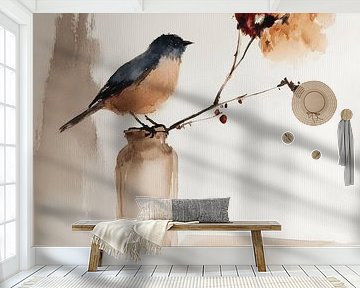 Stilleben mit einem Vogel und Blumen von Japandi Art Studio