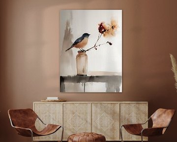 Still life with a bird and flowers by Japandi Art Studio