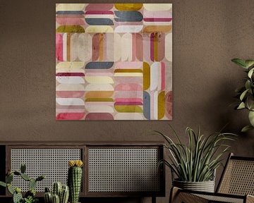 Abstracte geometrische kunst in retrostijl. Paars, oker, roze, wit, blauw. van Dina Dankers