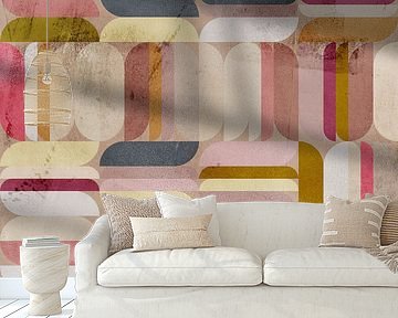 Abstrakte geometrische Kunst im Retrostil. Lila, ocker, rosa, weiß, blau. von Dina Dankers