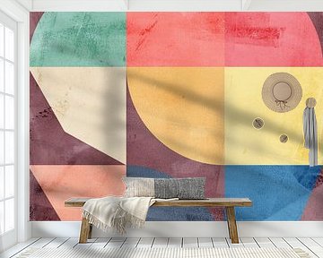 Moderne abstrakte geometrische Kunst im Retrostil. Burgunderrot, blau, rot, grün II von Dina Dankers