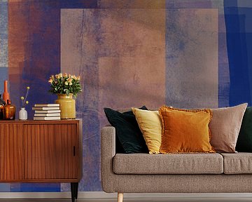 Abstract shapes in blue, rusty brown, white. by Dina Dankers