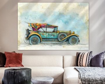 Kleurrijke tekening van een oldtimer cabrio 