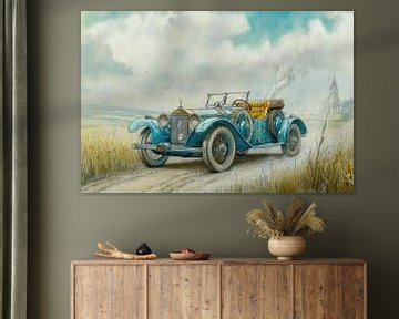 Tekening van een klassieke, blauwe oldtimer cabriolet 