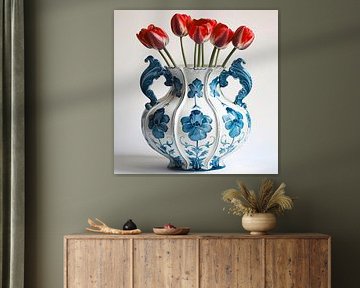 Red tulips in ceramic blue and white vase