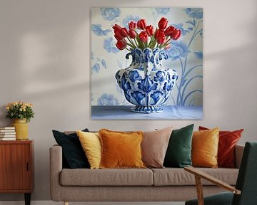 Tulpenpracht in Delfts blauwe keramiek van Vlindertuin-Art