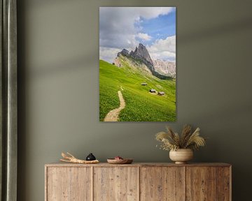 Seceda in Val Gardena: path with yellow flowers and mountain huts by Be More Outdoor