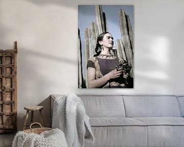 Frida pictured in colour in front of cacti in Mexico by Atelier Liesjes