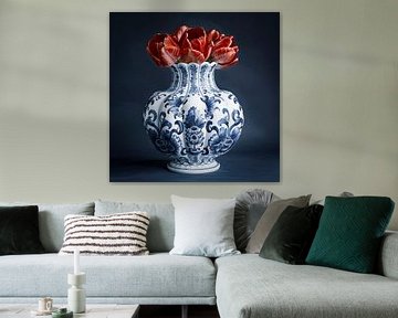 Stilleven rode tulpen en Delfts blauwe vaas van Vlindertuin-Art