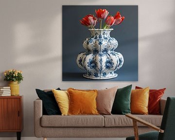 Delft blue and red tulips still life